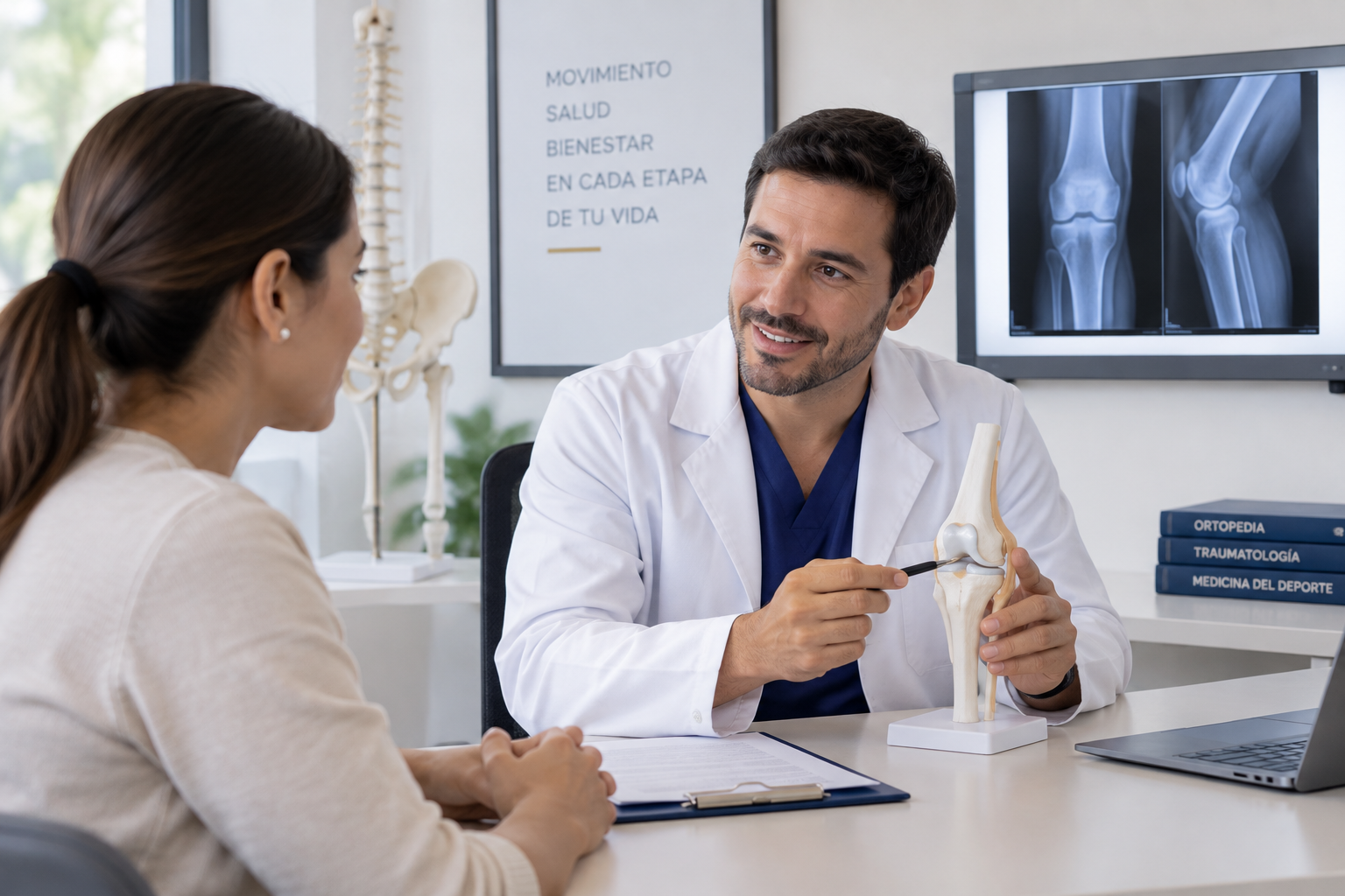Paciente conversando con un profesional de la salud durante una consulta de ortopedia